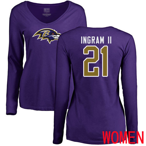 Baltimore Ravens Purple Women Mark Ingram II Name and Number Logo NFL Football #21 Long Sleeve T Shirt->nfl t-shirts->Sports Accessory